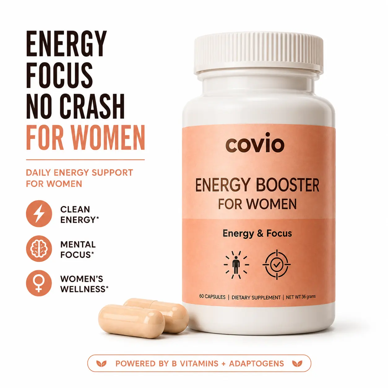 Energy Booster and Focus for Women - 60 Capsules with B Vitamins - Caffeine for Energy Focus and Stress Reduction