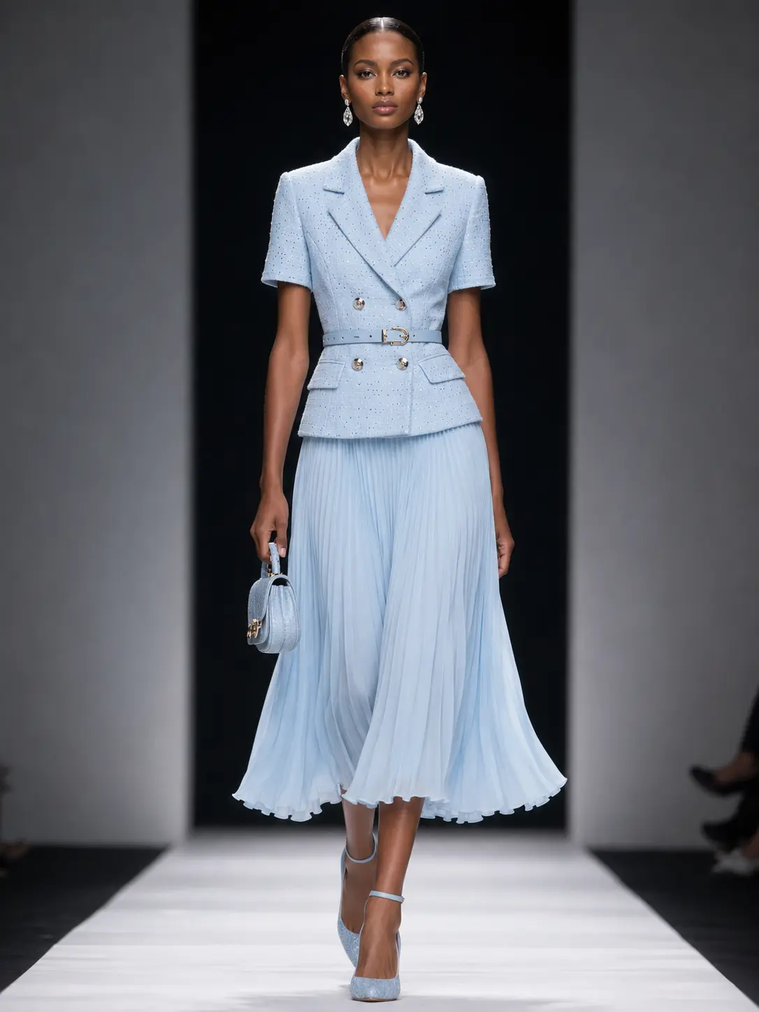 FEHAUTE Tweed Short Sleeve Blazer with Belted Pleated Maxi Skirt Two Piece Set Cocktail Business Casual Dress Set Womenswear Clothes