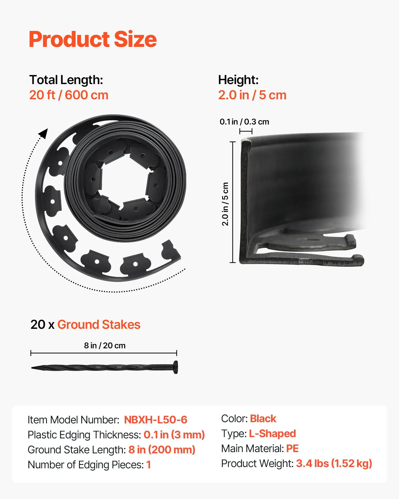 VEVOR Landscape Edging, 20 ft x 2 in Plastic Garden Border Edging with ...