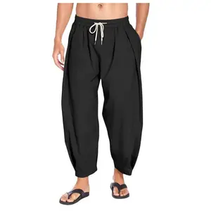 Men's Cotton Linen Harem Pants Drawstring Casual Cropped Trousers Lightweight Loose Beach Yoga Pants with Pockets