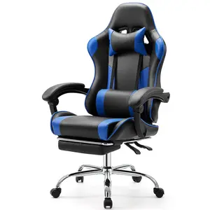 Sweet Furniture F Gaming Chair with Footrest, Adjustable Lumbar Support and Headrest, PU Leather Recliner with Fixed Armrests, Height Adjustable and 360° Swivel