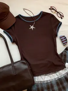 Summer Form-Fitting Slim Brown Basic Tee, Short Sleeve With Contrast Stitch Neckline For Coffee Runs & Weekend Walks