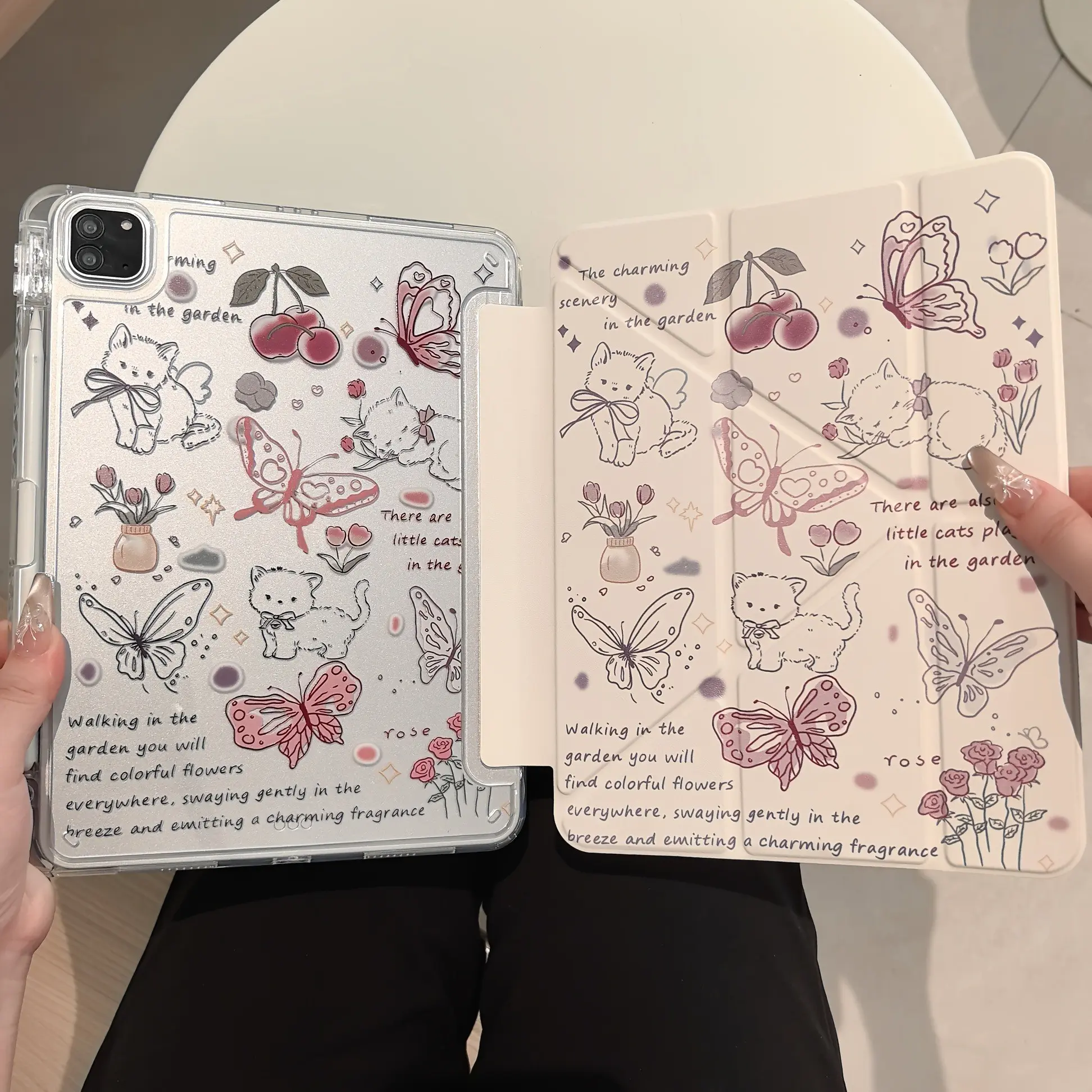 Cute Cat Butterfly Sakura Flower iPad Case with Pen Slot, Transparent Back Panel + Foldable Stand, Fits iPad 10th Gen, iPad Air 5/4, iPad Pro 11 Inch, Tablet Cover, Tablet Accessories
