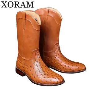 Men's ostrich-patterned western cowboy boots, versatile vintage mid-calf pointed work boots, slip-resistant and durable work riding boots B603