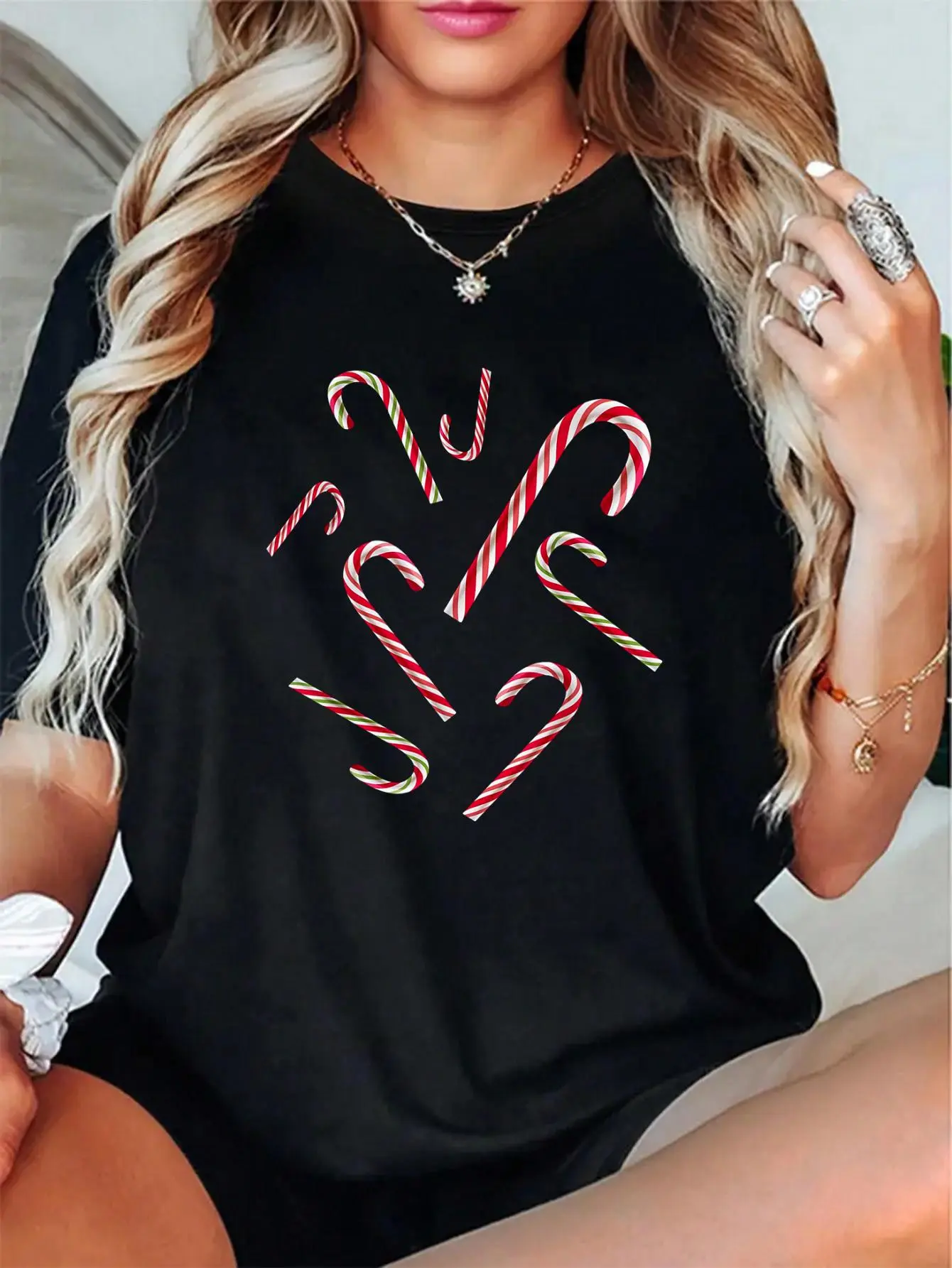 100% Cotton Unisex Candy Canes Shirt for Women Kids Men Candy Cane Christmas T-Shirt, Autumn Women's T-shirt Christmas Happy Letter Snowflake Fun Pattern 2
