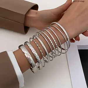 10Pcs Stackable Bangle Bracelets Set, Multi-Textured Gold Silver Layered Bracelets for Women Boho Jewelry