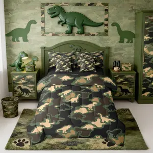 7 Pcs Camo Dino Bedding Set Dinosaur Hunting Comforter Set with Sheets Woodland Army Camouflage Bed in A Bag Men Bedroom Vintage Military Bed Sets