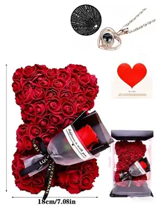 Valentine's Day Gift Set, Heart Projection Necklace, Handmade Artificial Flower Bouquet, Rose Bear Kit, Mother's Day Present