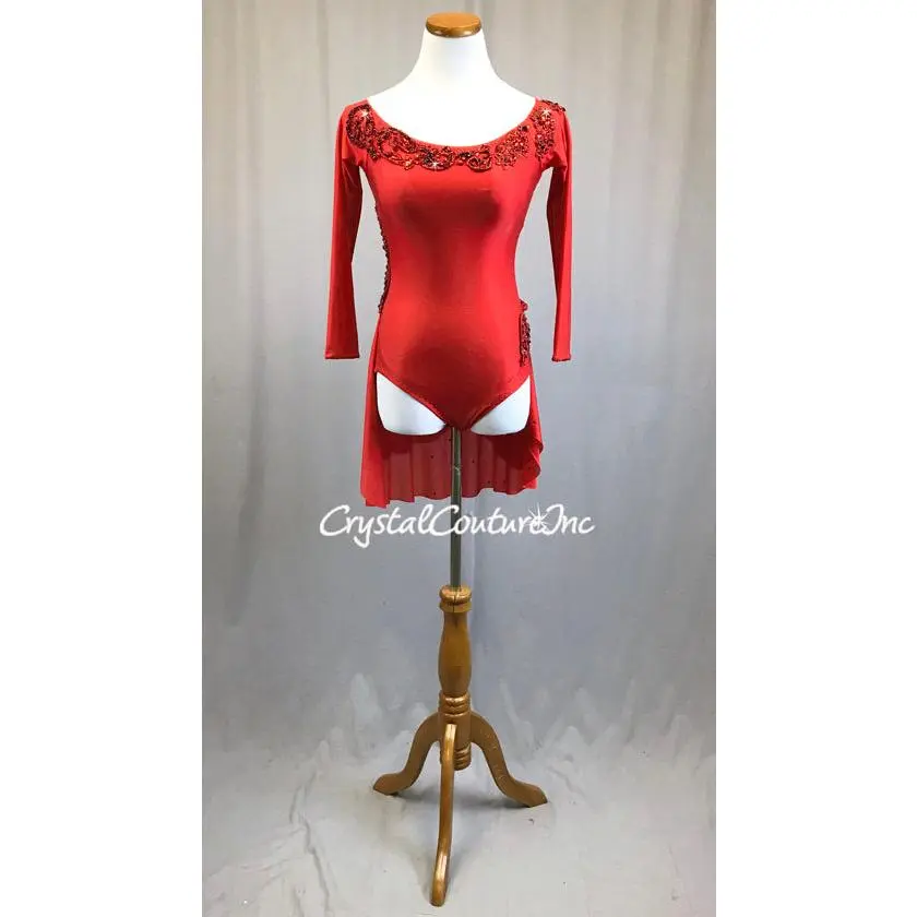 Custom Red Shimmer Lycra Long Sleeve Leotard with Attached Half Skirt - Appliques & Rhinestones