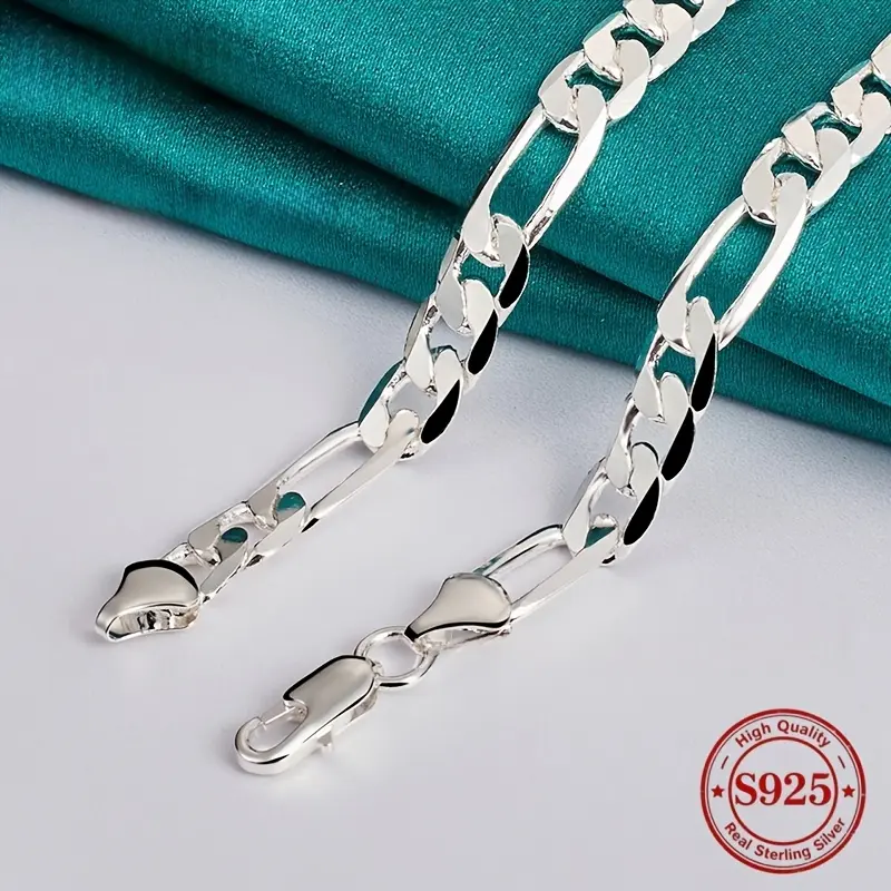 925 Sterling Silver Figaro Necklace - Independent Studio Designed, Italian Craftsmanship, 8mm Width, 18-24in Length, Fashionable Simple Style, Ideal for Valentine's Day Gifting holiday