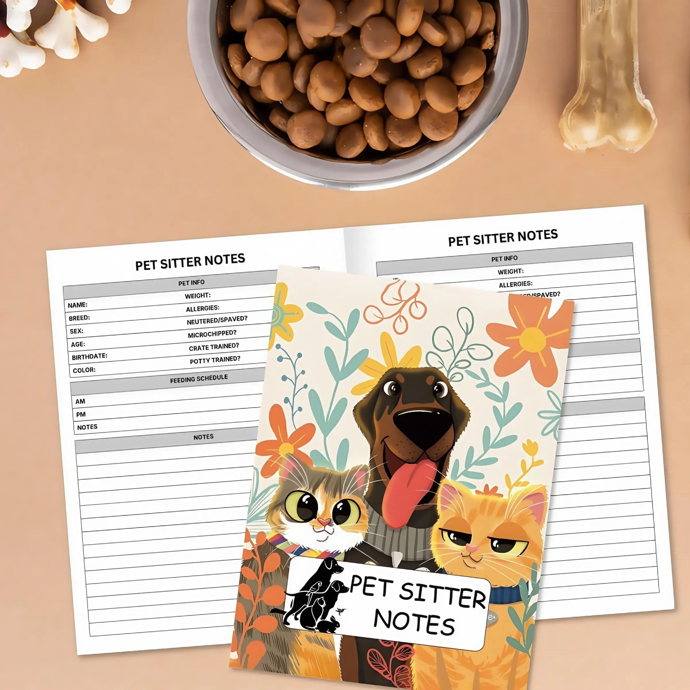 Pet Sitter Notebook, Cute Flower Pattern Pet Information Record Book, Pet Health Record Book, Pet Health Care Notebook, Pet Care Notebook