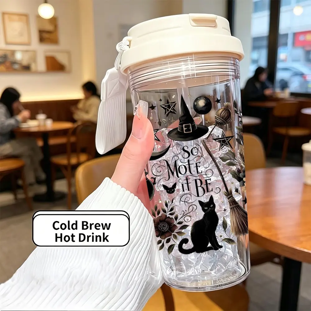 500ML Durable Plastic Cup, Witch Spell Moon Magic Cup, Reusable Lightweight Dual Drink Mouth with Straw and Handle, Ideal Gift for Various Occasions