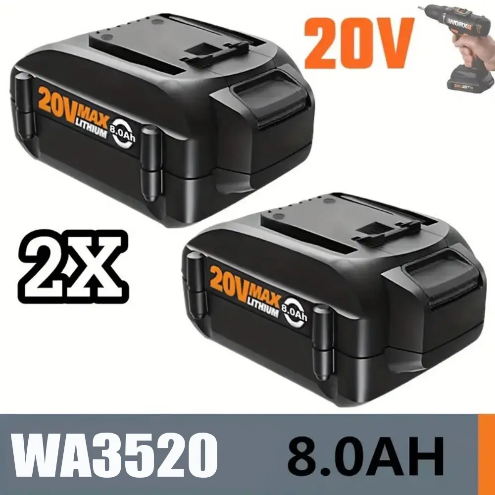 2-Pack Lithium-Ion Replacement Batteries for Worx 20V Cordless Power Tools, 8.0Ah/4.0Ah Lithium Battery Powered, Compatible with WA3520 WA3525 WA3575 WG151s WG155s WG251s WG255s WG540s