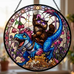 Princess Donut And Mongo Stained Glass Suncatcher, Dungeon Crawler Fantasy Book Reader Geeky Cat Lover Window Hanging, Gift For Crawlers