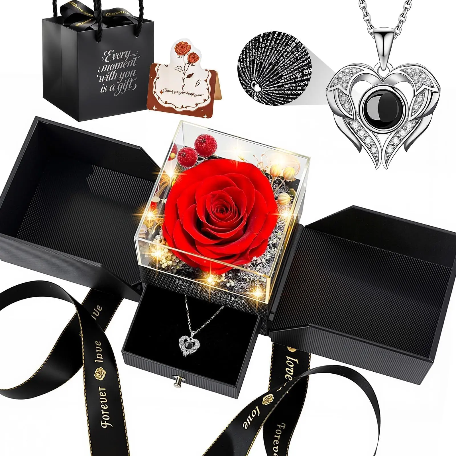 TranquilBliss Gifts for Mom, Preserved Real Red Rose Gift Box with Heart Necklace,“I Love You” in 100 Languages, I Love You Eternal Flowers Rose Gift Set for Mother's Day, Anniversary