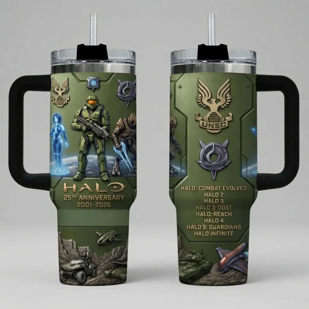Halo 25th Anniversary 40oz Insulated Tumbler with Handle, Master Chief, Cortana, Arbiter and UNSC Game Timeline Design, Reusable Stainless Steel Travel Coffee Mug, Sci-Fi Gaming Gift for Fans