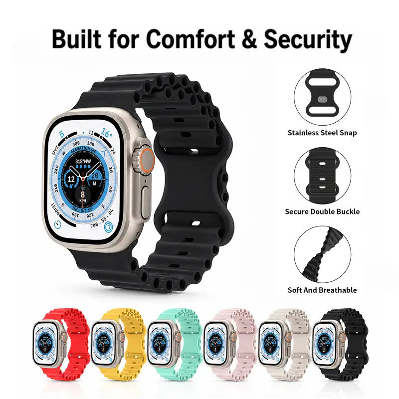 Ocean Silicone Replacement Band for Apple Watch - Adjustable 15-Color Sport Strap with Tubular Buckle, Durable Water-Resistant Wristband Compatible with Series 1-11, Ultra, SE