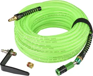1/4x100 ft Green Transparent Flexible Reinforced Polyurethane (pu) Air Hose with 1/4"360 Rotary Coupler and Air Hook,Bend Limiter