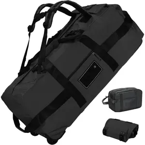 45/80/100L Rolling Duffel Bag with Wheels, Large Durable Travel Duffle + Toiletry Bag, Heavy Duty, Packable, Foldable with  Straps- Use as Luggage or Backpack, Men/Women (Black)