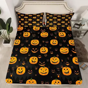 Funny Pumpkin Fitted Sheet,Cute Halloween Bed Sheet Set,Orange Black Bedding Sheets Cartoon Festival Decor Bed Cover Bedding