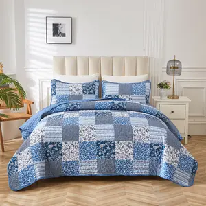 3 Pieces Boho Quilt Set Queen King Size Plaid Floral Quilted Bedspread Coverlet Set for All Season Patchwork Reversible Bedding Set