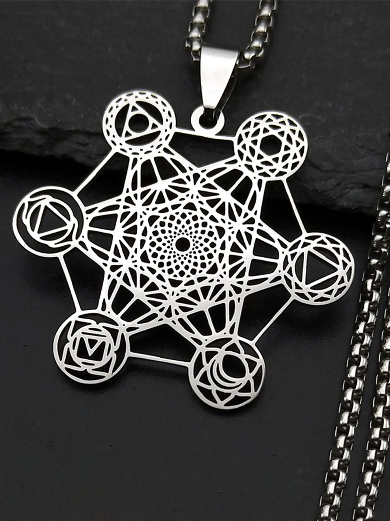 Yoga Indian Buddhism 7 Chakra Stainless Steel Pendant Necklace, Sacred Geometric Hollow Angel Seal Metatron Symbol Chain, Spiritual Yoga Jewelry, Inspirational Jewelry