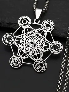 Yoga Indian Buddhism 7 Chakra Stainless Steel Pendant Necklace, Sacred Geometric Hollow Angel Seal Metatron Symbol Chain, Spiritual Yoga Jewelry, Inspirational Jewelry