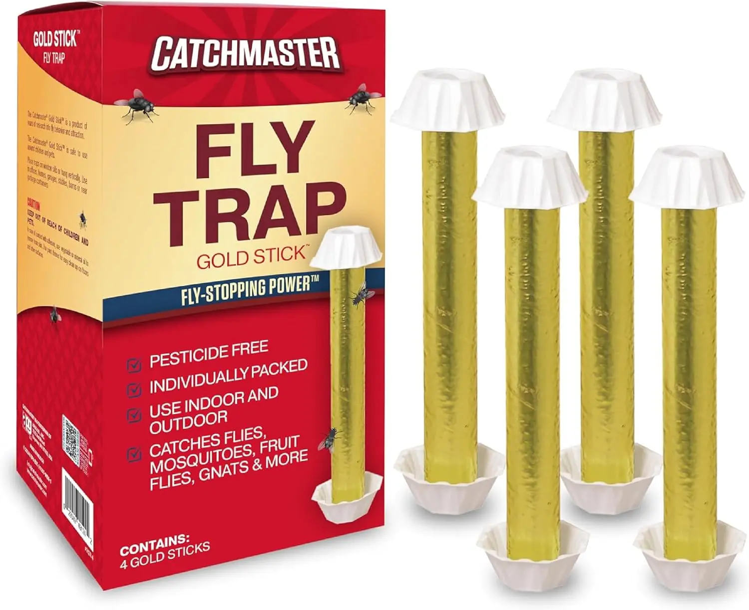 Catchmaster Gold Stick Sticky Fly Traps 4-Pack - Indoor & Outdoor Hanging Pest Control, Food-Based Lure, Reflective Gold Foil, Lay/Stand/Hang Options, Captures House Flies, Gnats