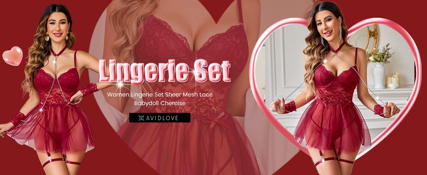 Avidlove Lingerie for Women Lace Underwire Lingerie Set with Garter and Chain Sleepwear SpringStatements Floral Cute Dress Polyester Comfy Mesh
