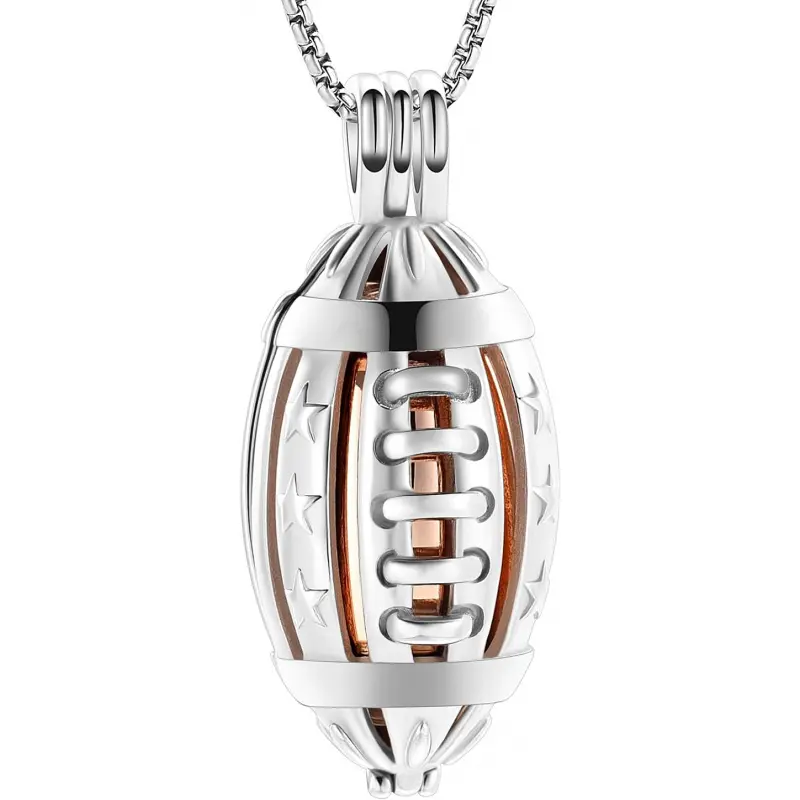 American Football Cremation Locket Necklace - 316L Stainless Steel Memorial Urn Jewelry for Loved Ones’ Ashes, Adjustable Chain, Casual Daily Keepsake, Easy to Install, Unisex Accessory