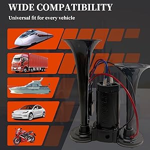 12V 600DB Air Horn Dual Trumpets, Super Loud Truck Train Horns Kit with Air Compressor for 12V SUV Motorcycle Trucks Pickup Lorries Trains Cars Boatsblack