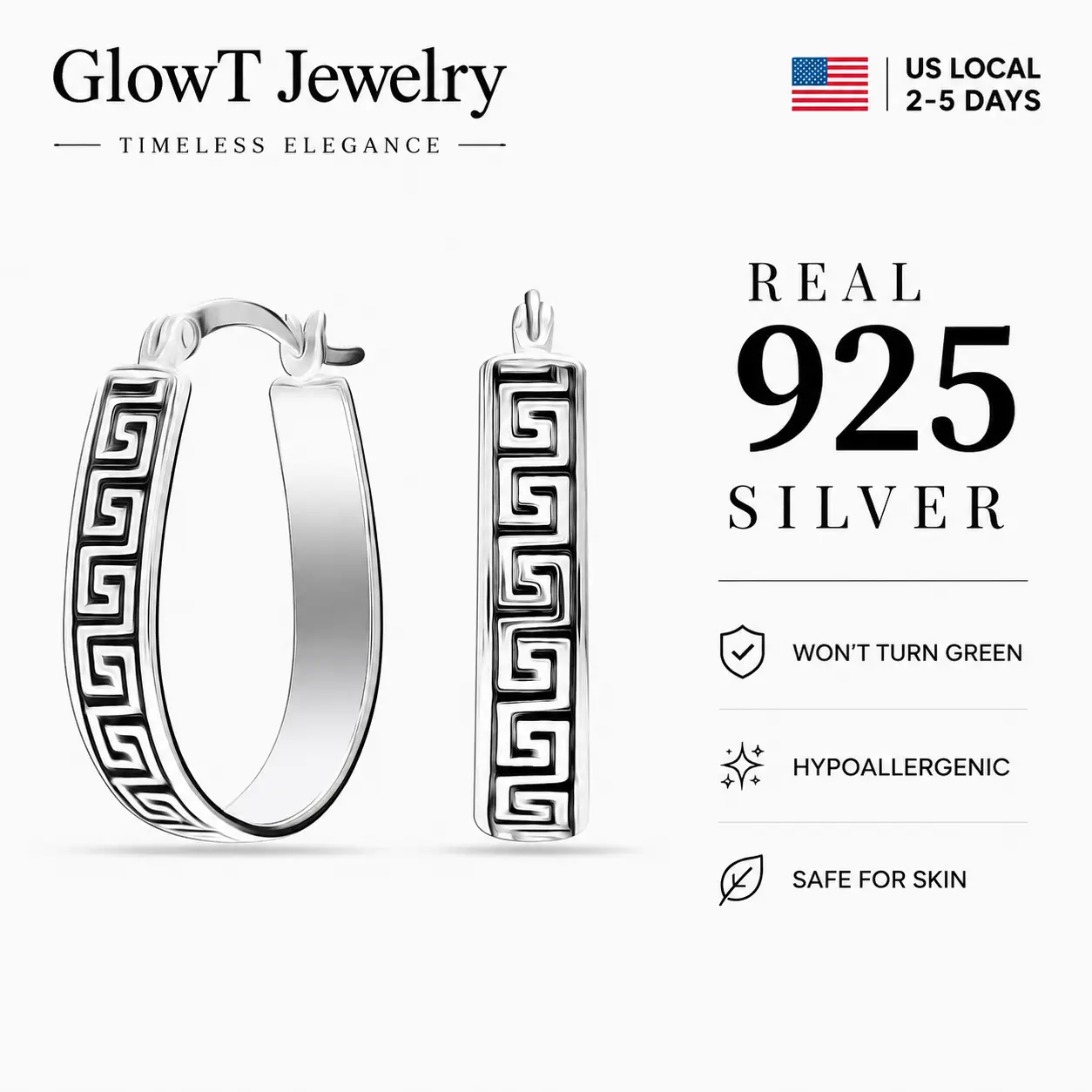 925 Sterling Silver Greek Key Hoop Earrings, Oxidized Meander Pattern Oval Huggie Hoops for Women Tarnish Resistant Comfort Fit Huggie Hoops