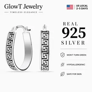 925 Sterling Silver Greek Key Hoop Earrings, Oxidized Meander Pattern Oval Huggie Hoops for Women Tarnish Resistant Comfort Fit Huggie Hoops