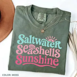 Comfort Colors Saltwater Seashells & Sunshine Coastal Summer Beach T-shirt For Women, Ocean Lover Vacation Graphic Tee, Apparel Made In The USA		