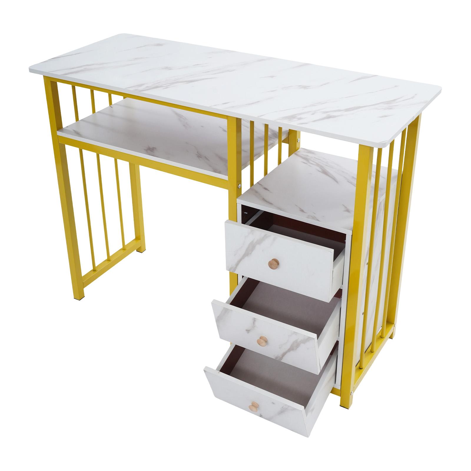 3-Drawer Manicure Table with Marble Texture & Open Shelf, 66 lbs Load Capacity Density Board & Steel Frame Nail Desk for Salon Beauty Spa Home Office