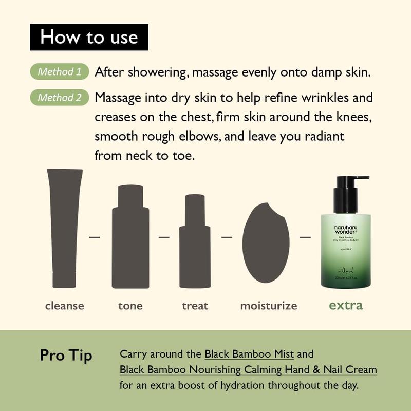 HARUHARU wonder Black Bamboo Daily Smoothing Body Oil, Fast Absorption, Lightweight, Non-Greasy, Deeply Hydrating, Locks in Moisture, Softens & Nourishes Skin, With Almond & Argan Oil, 6.76 fl oz