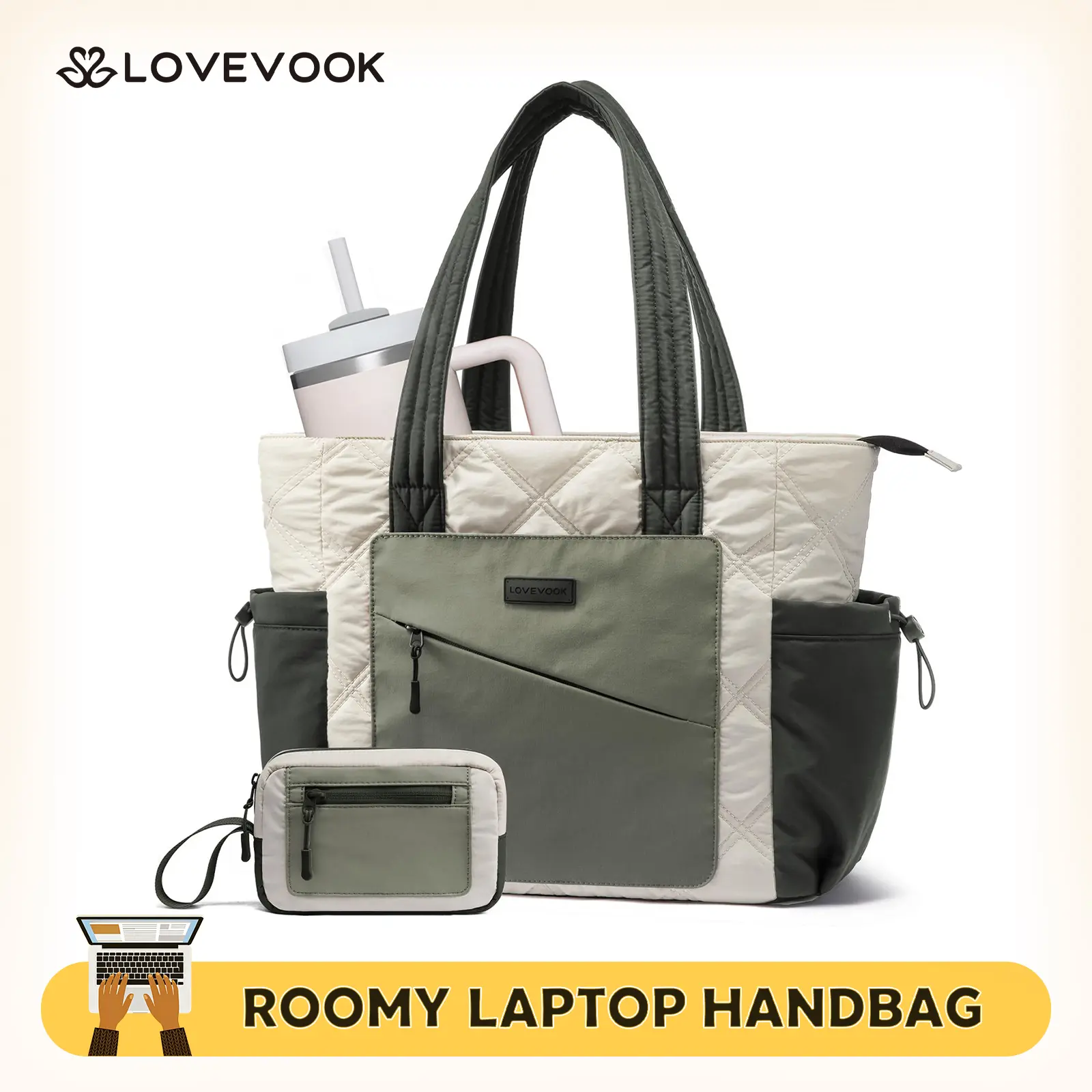 LOVEVOOK Laptop Tote Bag for Women, Large Quilted Puffer Tote bag with Four Cup Holders, Work and Travel Shoulder Bag, Lightweight Puffy bag, Nurse Handbag TikTokShopBackToSchool
