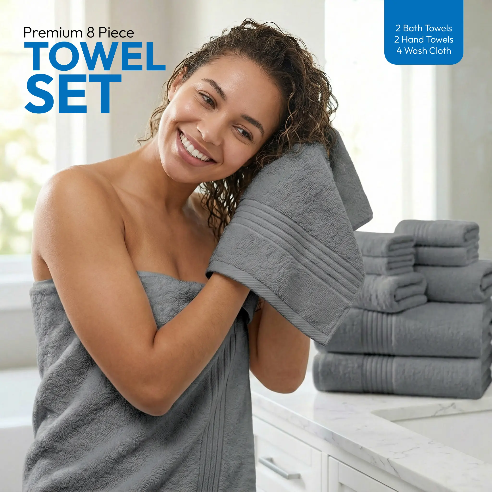 8-Piece Premium Towel Set  2 Bath, 2 Hand & 4 Washcloths | Soft, Absorbent 100% Cotton Towels for Home, Gym & Hotel