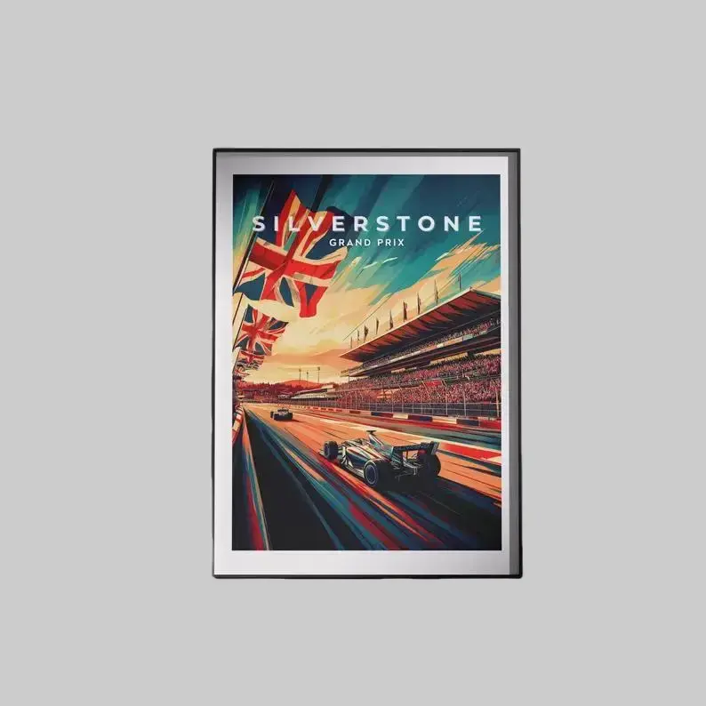 Vintage English Silverstone Grand Prix F1 Racing Poster - Artistic Sporty Chic Photo Print, Sporty Wall Decoration for Kid Room, Bedroom Home Decor Supplies, Digital Print