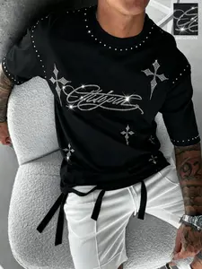 Men's Rhinestone Cross Print T-Shirt, Loose Street Style Glitter Handwritten Letters Short Sleeve, Gothic Y2K Casual Top