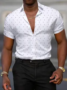 Men's Geometric Pattern Slim Fit Short Sleeve Shirt, Simple Diamond Print Urban Casual Top, Tailored Fit for City Casual & Semi-Formal Styles