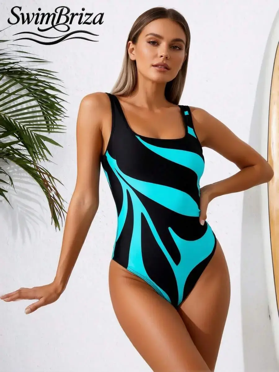 Briza｜Black Contrast Cyan Abstract Geometric Print, One Piece Swimsuit, Square Neck Ruched Tailoring Design