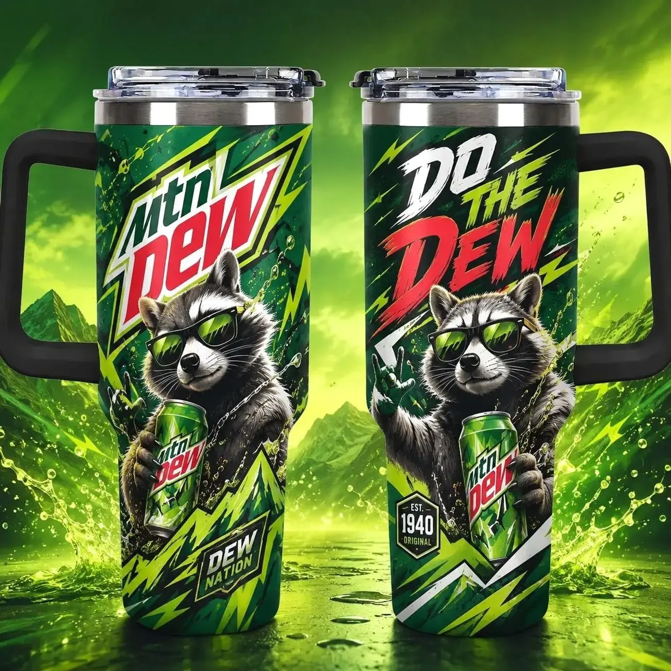 Mountain Dew Tumbler Raccoon Graphic Green Handle Mug Do The Dew Insulated Cup