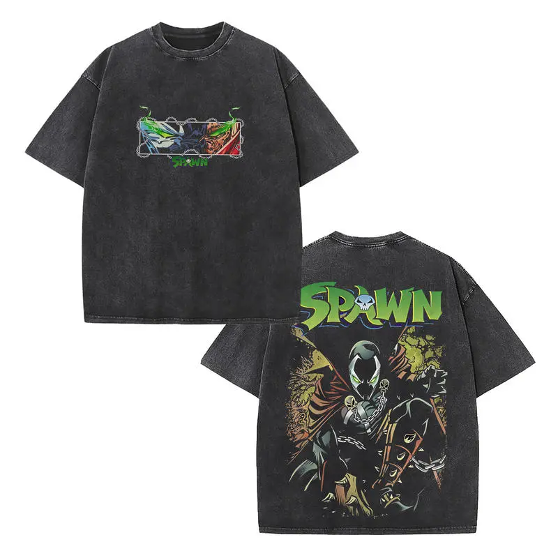 Menswear Retro Spawn (Al Simmons) "Comic Panel" Double-Sided Vintage Washed Short-Sleeve T-Shirt, Anti-Hero Graphic Apparel, Unisex Relaxed-Fit Seamless Heavyweight Cotton Streetwear Top, Ideal Gift for Spawn Fans