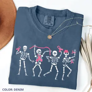 Comfort Colors Dancing Skeletons Pink Ribbon Cancer Tee, Cancer Awareness Shirt, Halloween Breast Cancer T-Shirt, In October We Wear Pink