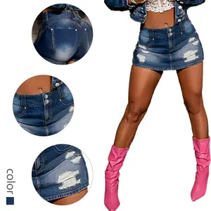 Women's Dark Wash Denim Mini Skirt - Ripped Distressed Jean Skirt with High Waist & Edgy Details