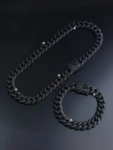 Set of 2 Black Cuban Chains Including a Necklace And Bracelet, Designed for Men. This Hip Hop Jewelry Set Features a Choker Necklace, Ideal for Fashion-Forward Rappers. A Great Gift Choice for Boyfriends, Sons, And Fathers