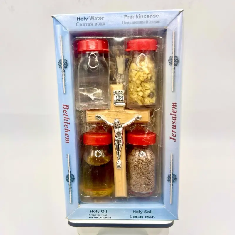 Holy Gift Set with Olive Wood Cross Holy water, oil, soil and incense from The Holy Land Religious Home Decor Religious Decorations Sacred Elements