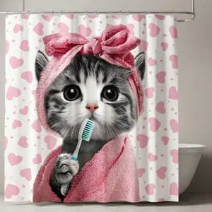 Whimsical Cat Shower Curtain, Bathroom Shower Curtains, Adorable & Kitten, Bathrobe & Turban, Heart Pattern, Perfect for Bathroom Decor, Valentine's Day Gift, Bathroom Supplies