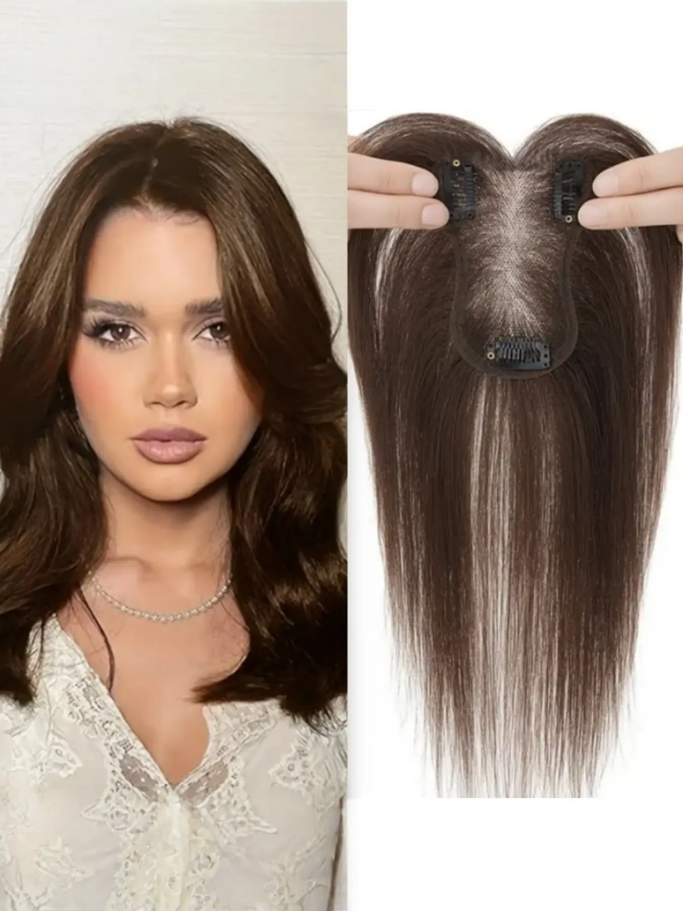 Swiss Lace Premium Human Hair 8x11cm Topper Hairpiece, 3 Clip-In Straight Natural Looking Hair Toupee for Women, Mild Hair Loss, Volume Enhancement, Human Hair Textured
